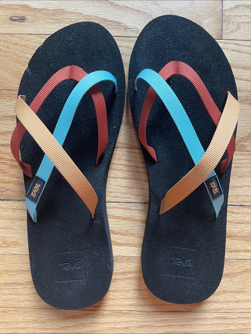 Teva Black Flip-Flops with Blue, Rust & Gold Straps